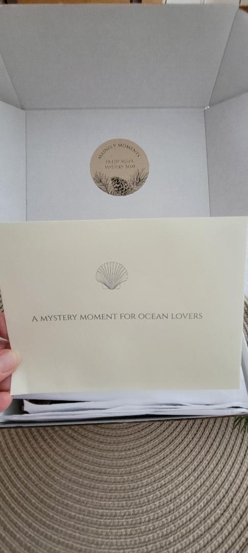 Card with text 'A Mystery Moment for Ocean Lovers' held inside an open box.