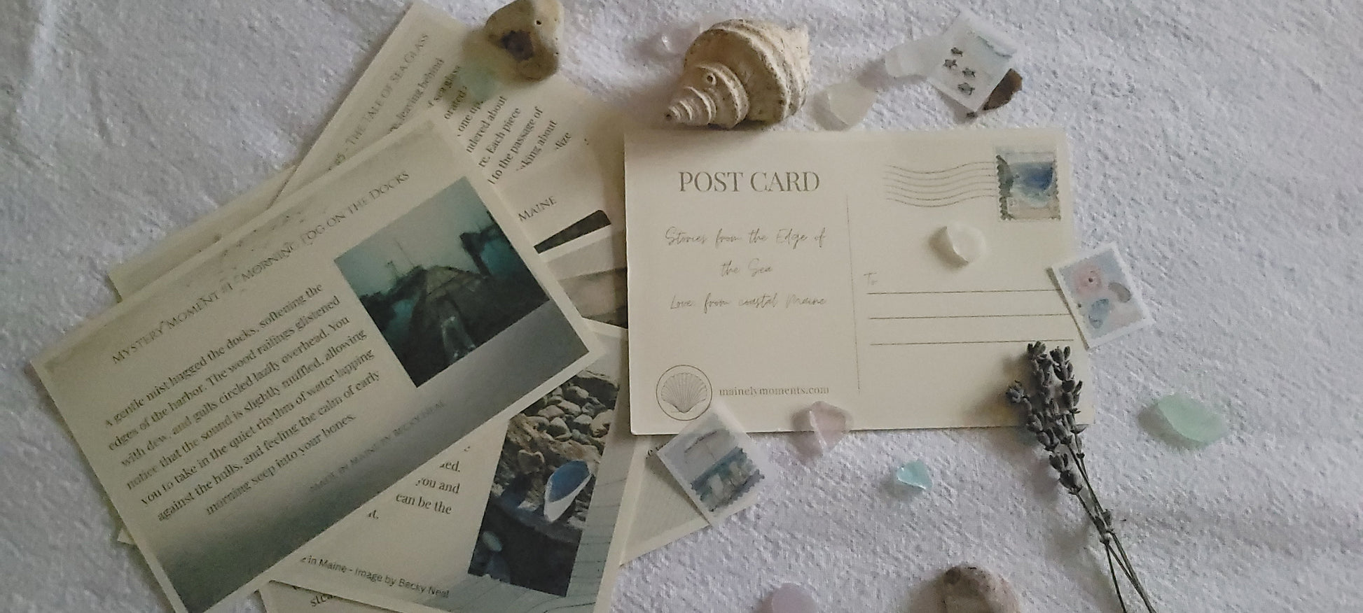 Postcard with scenic photos and decorative elements on a textured surface