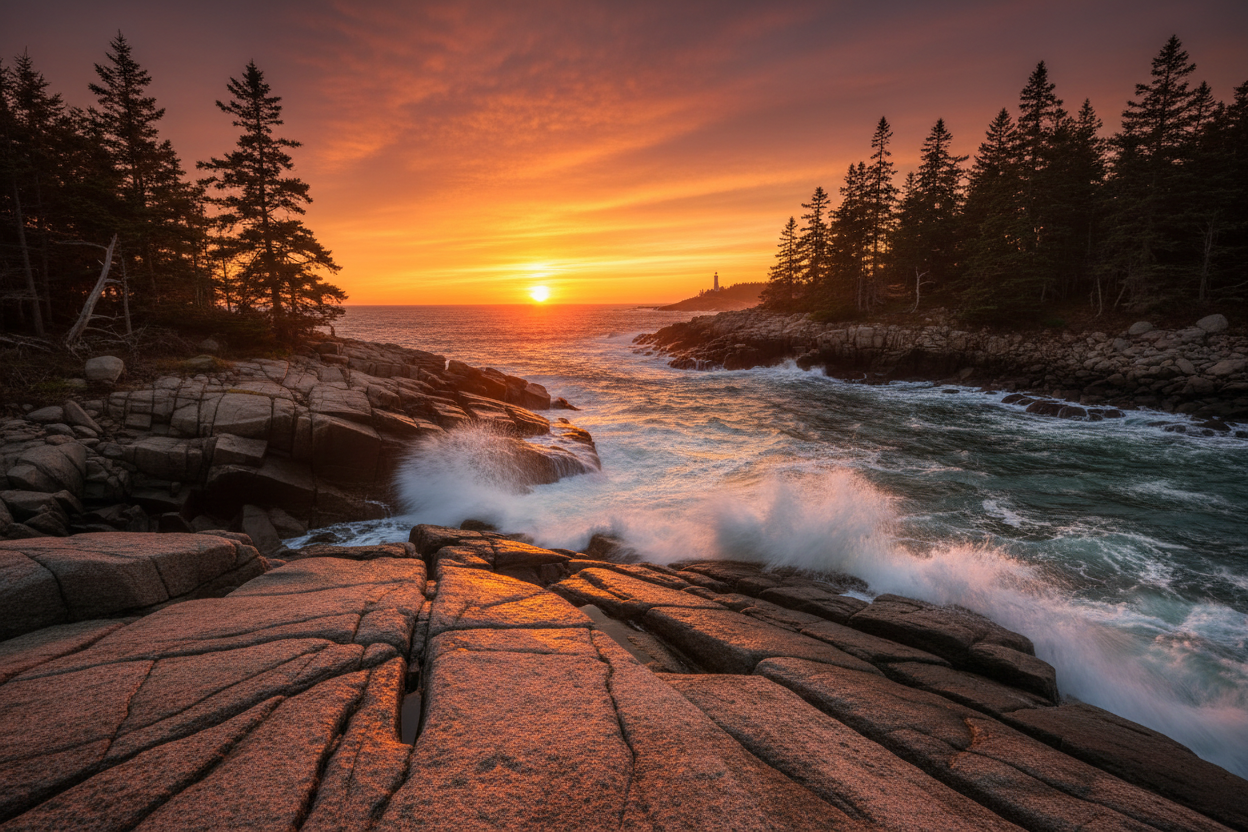 Rocky Maine Coast-Pemaquid Point Maine with sunset and pine trees 