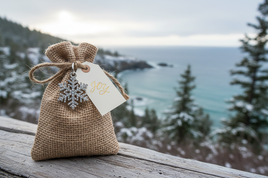 tiny burlap bag tied with a gift tag, snowflake charm background winter pines and ocean